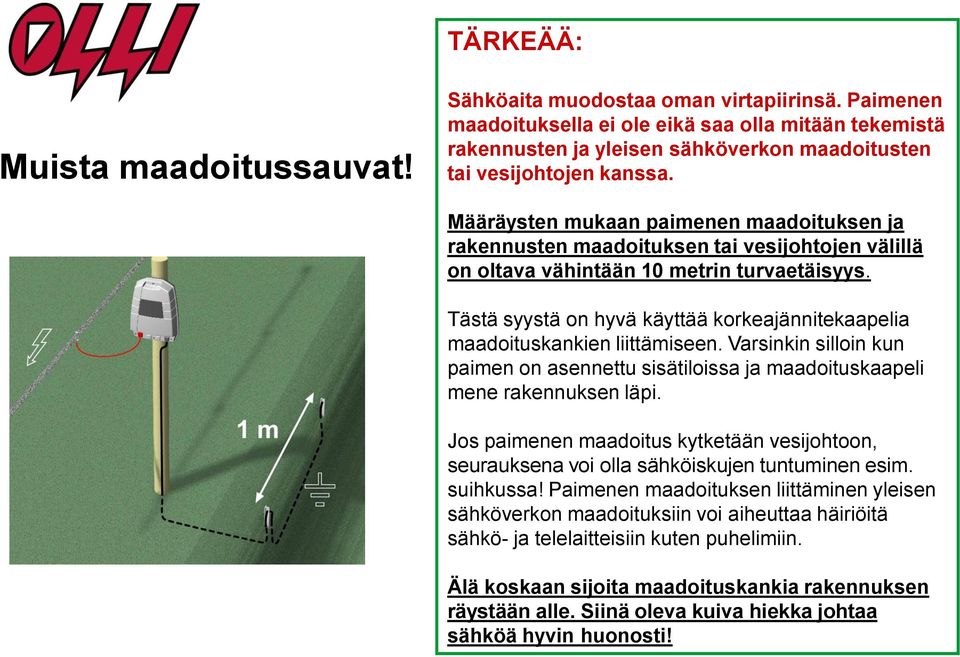 Määräysten mukaan paimenen maadoituksen ja rakennusten maadoituksen tai vesijohtojen välillä on oltava vähintään 10 metrin turvaetäisyys.