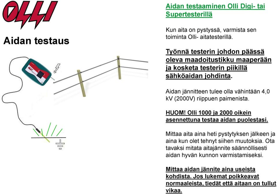 Aidan jännitteen tulee olla vähintään 4,0 kv (2000V) riippuen paimenista. HUOM! Olli 1000 ja 2000 oikein asennettuna testaa aidan puolestasi.