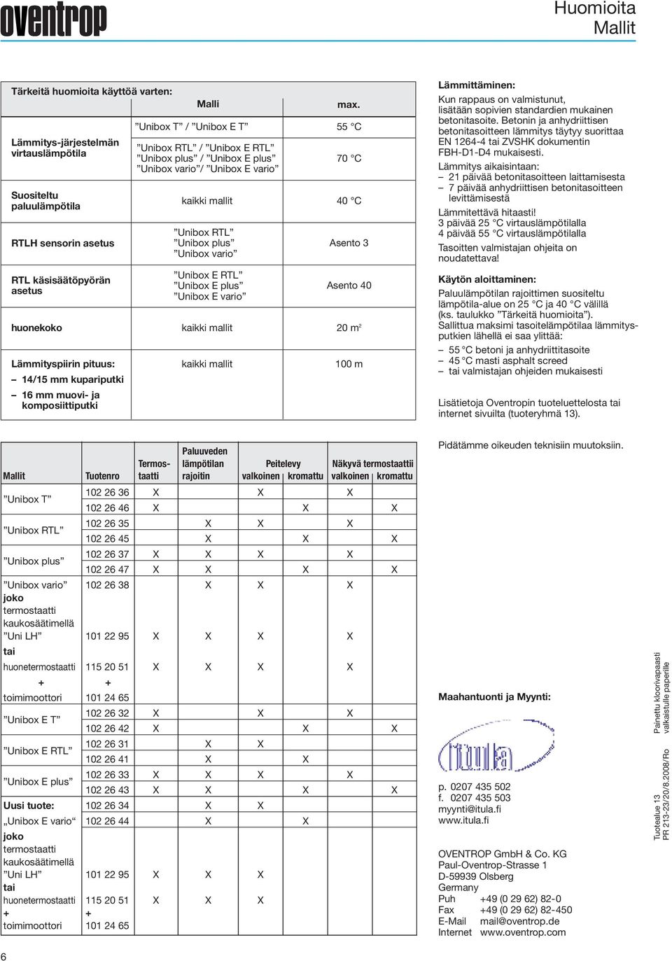 E RTL Unibox E vario kaikki mallit kaikki mallit max. C 70 C 0 C Asento Asento 0 0 m 100 m Lämmittäminen: Kun rappaus on valmistunut, lisätään sopivien standardien mukainen betonitasoite.