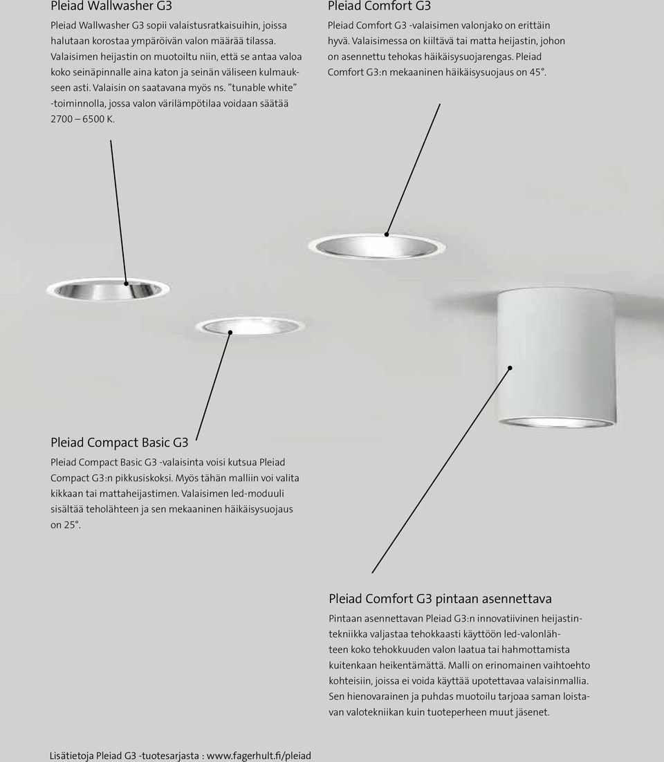 tunable white -toiminnolla, jossa valon värilämpötilaa voidaan säätää 2700 6500 K. Pleiad Comfort G3 Pleiad Comfort G3 -valaisimen valonjako on erittäin hyvä.