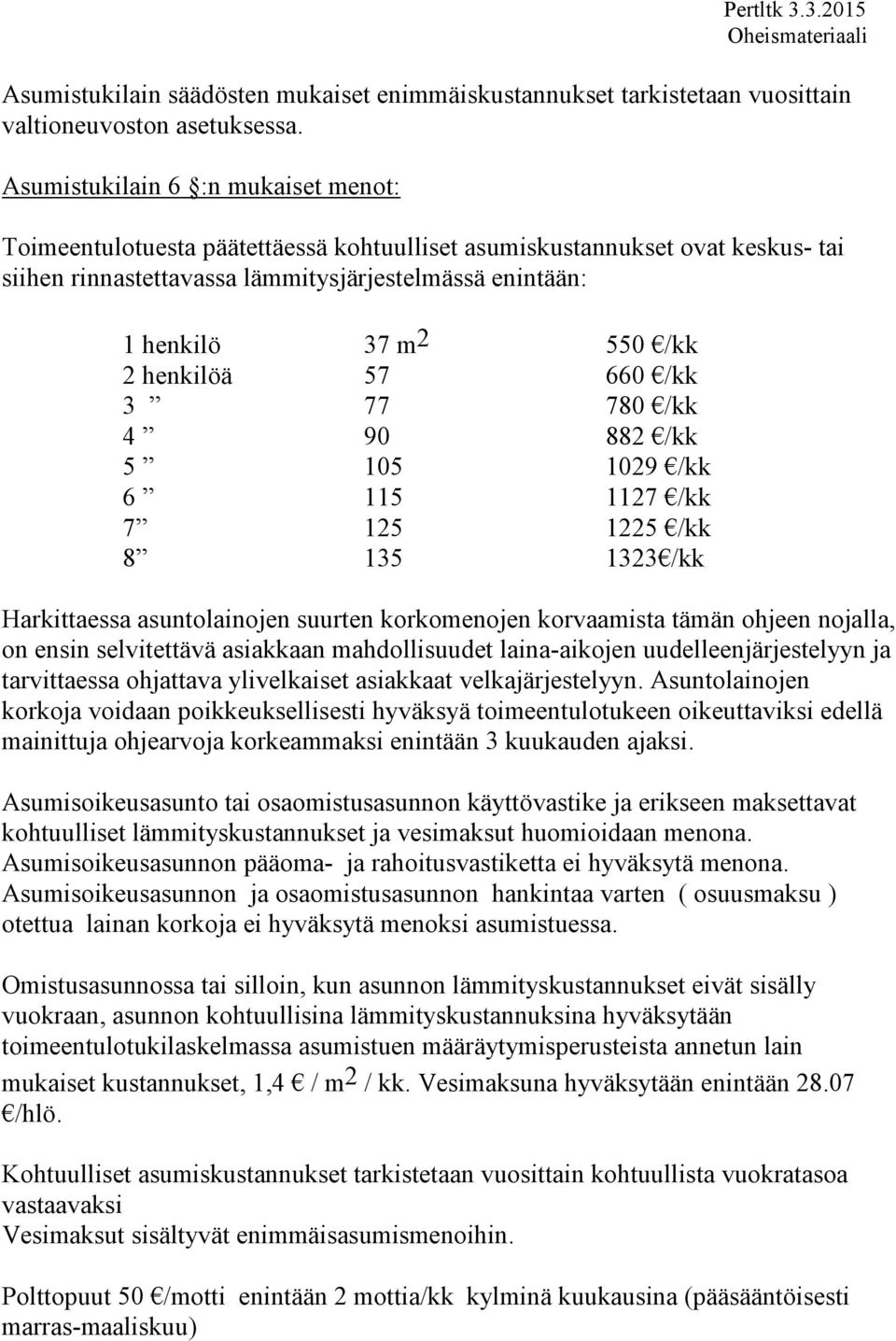 henkilöä 57 660 /kk 3 77 780 /kk 4 90 882 /kk 5 105 1029 /kk 6 115 1127 /kk 7 125 1225 /kk 8 135 1323 /kk Harkittaessa asuntolainojen suurten korkomenojen korvaamista tämän ohjeen nojalla, on ensin