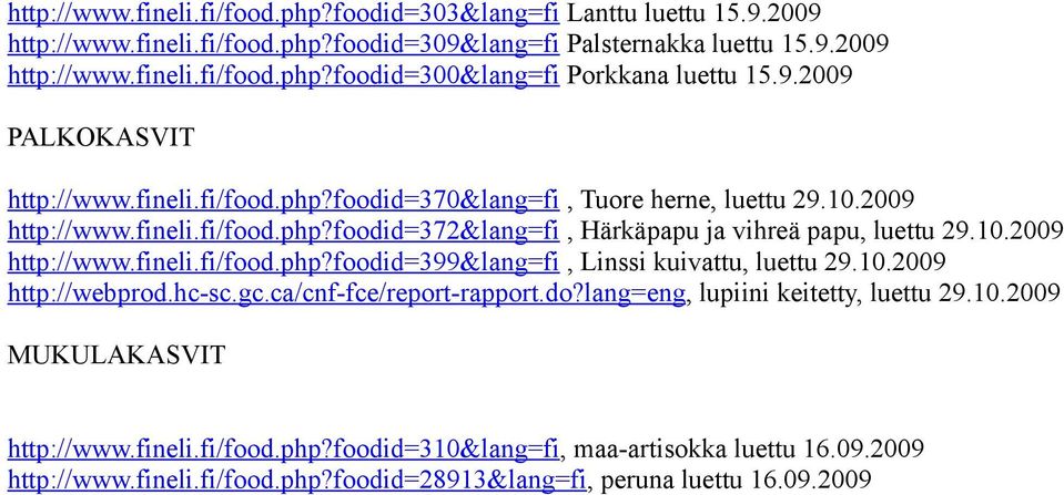 10.2009 http://webprod.hc-sc.gc.ca/cnf-fce/report-rapport.do?lang=eng, lupiini keitetty, luettu 29.10.2009 MUKULAKASVIT http://www.fineli.fi/food.php?