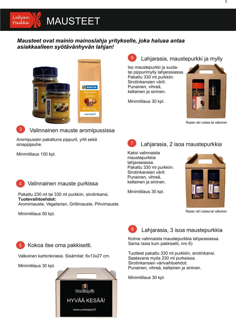 Sirotinkansien värit: Punainen, vihreä, keltainen ja sininen. Minimitilaus 30 kpl. Ainekset: Mustapippuri, sipuli, paprika, valkosipuli, viherpippuri, 80 g www.rautia.