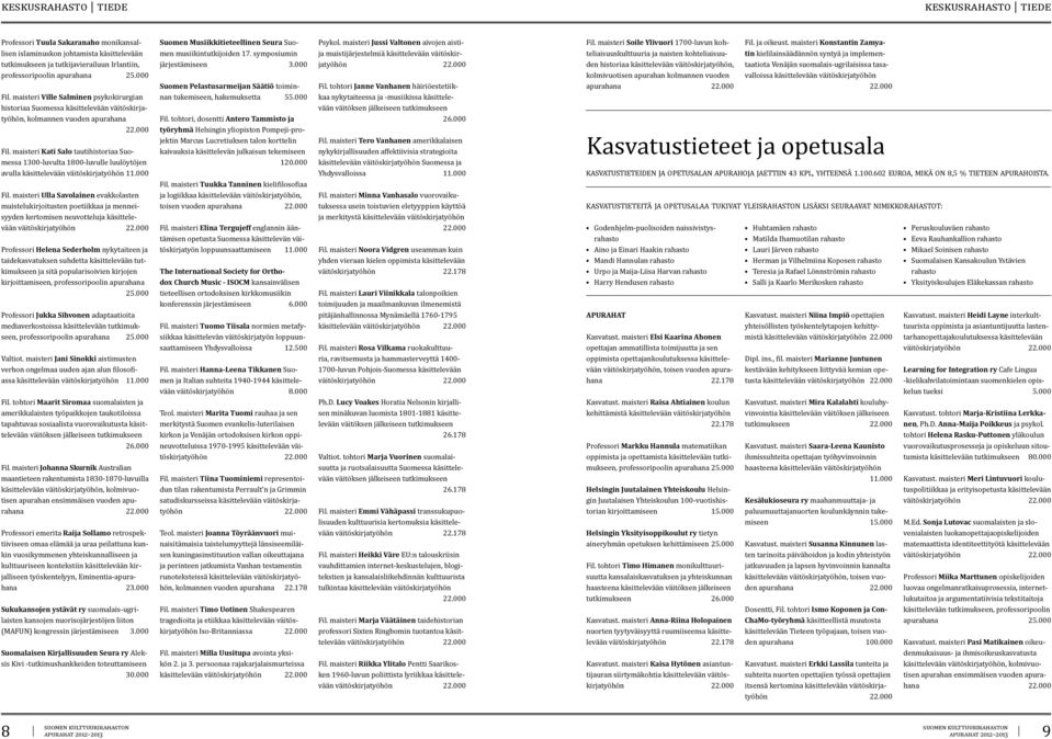maisteri Kati Salo tautihistoriaa Suomessa 1300-luvulta 1800-luvulle luulöytöjen avulla käsittelevään väitöskirjatyöhön Fil.