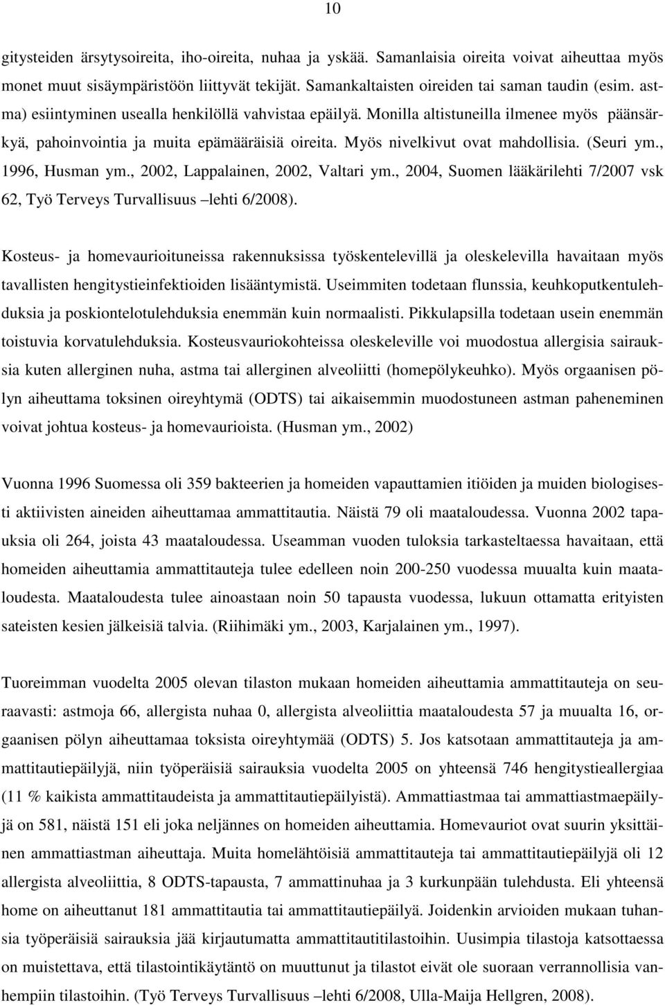 , 1996, Husman ym., 2002, Lappalainen, 2002, Valtari ym., 2004, Suomen lääkärilehti 7/2007 vsk 62, Työ Terveys Turvallisuus lehti 6/2008).