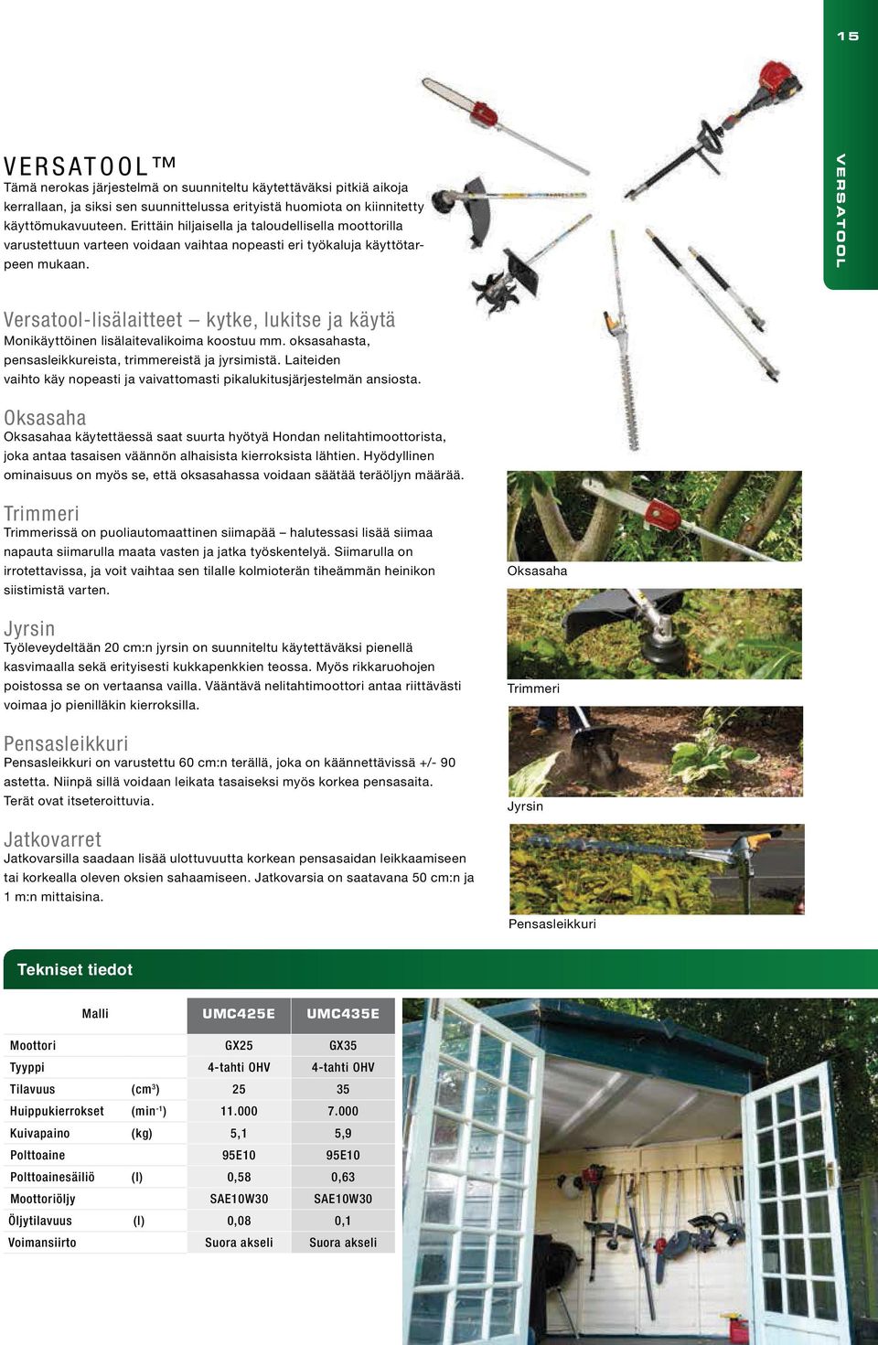 VERSATOOL Versatool-lisälaitteet kytke, lukitse ja käytä Monikäyttöinen lisälaitevalikoima koostuu mm. oksasahasta, pensasleikkureista, trimmereistä ja jyrsimistä.