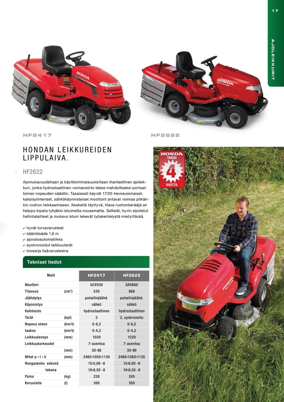 Tasaisesti käyvät 17/20-hevosvoimaiset, kaksisylinteriset, sähkökäynnisteiset moottorit antavat voimaa pitkänkin ruohon leikkaamiseen.