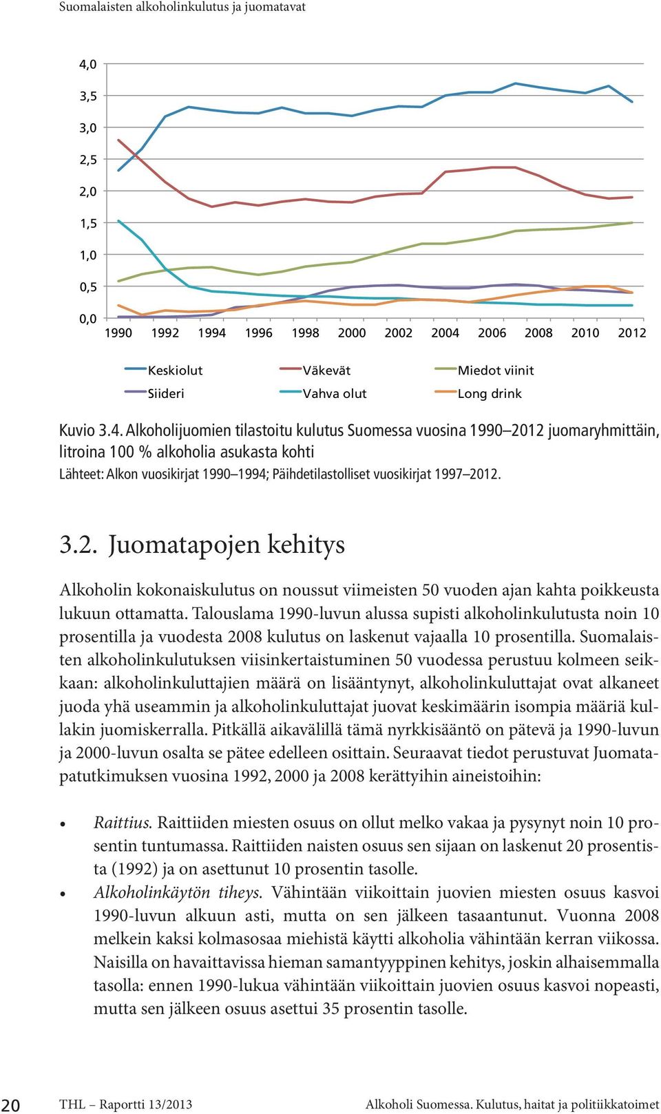 Alkoholijuomien tilastoitu kulutus Suomessa vuosina 1990 2012 juomaryhmittäin, litroina 100 % alkoholia asukasta kohti Lähteet: Alkon vuosikirjat 1990 1994; Päihdetilastolliset vuosikirjat 1997 2012.