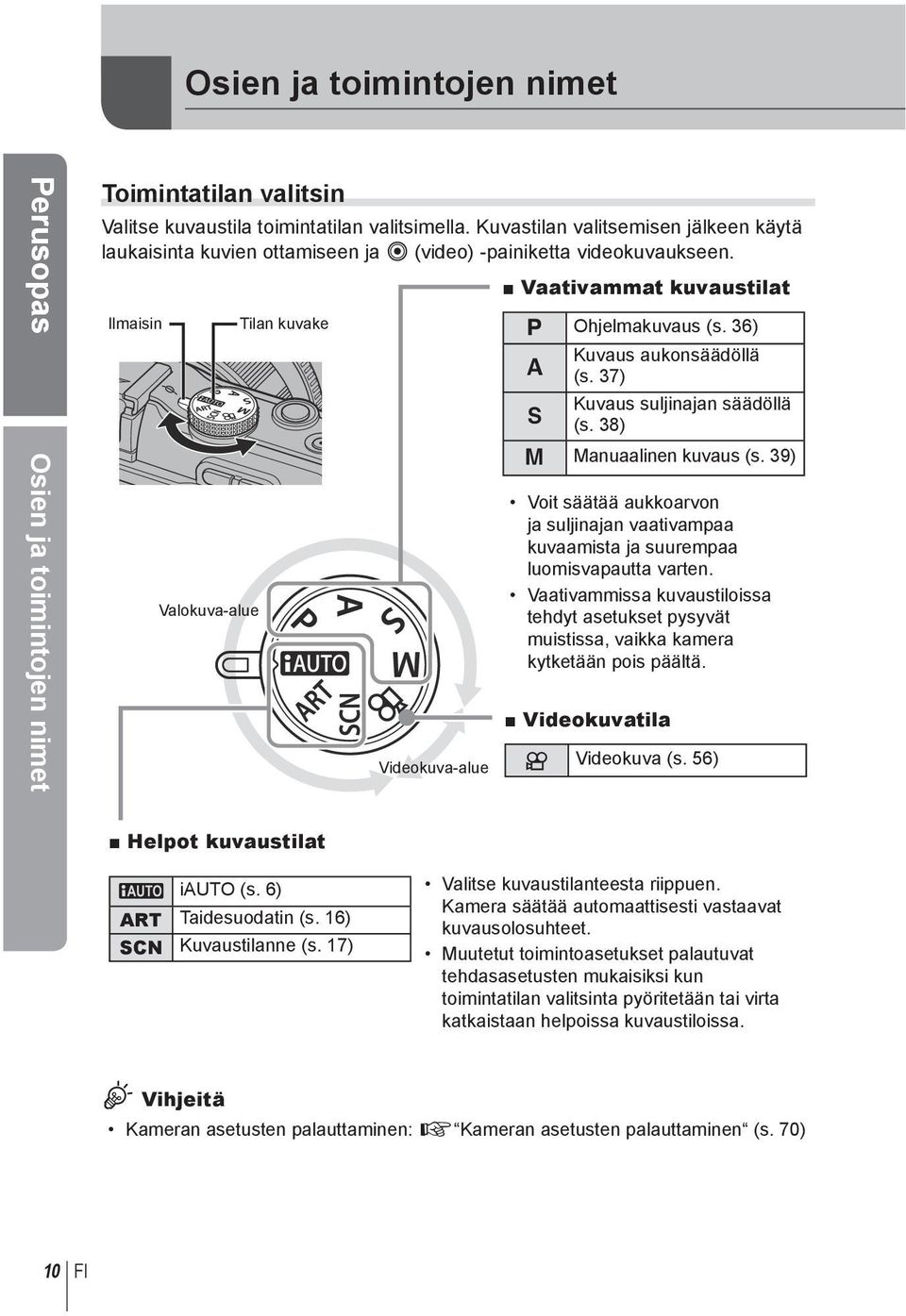 Ilmaisin Valokuva-alue Tilan kuvake Videokuva-alue Vaativammat kuvaustilat P Ohjelmakuvaus (s. 36) Kuvaus aukonsäädöllä A (s. 37) Kuvaus suljinajan säädöllä S (s. 38) M Manuaalinen kuvaus (s.