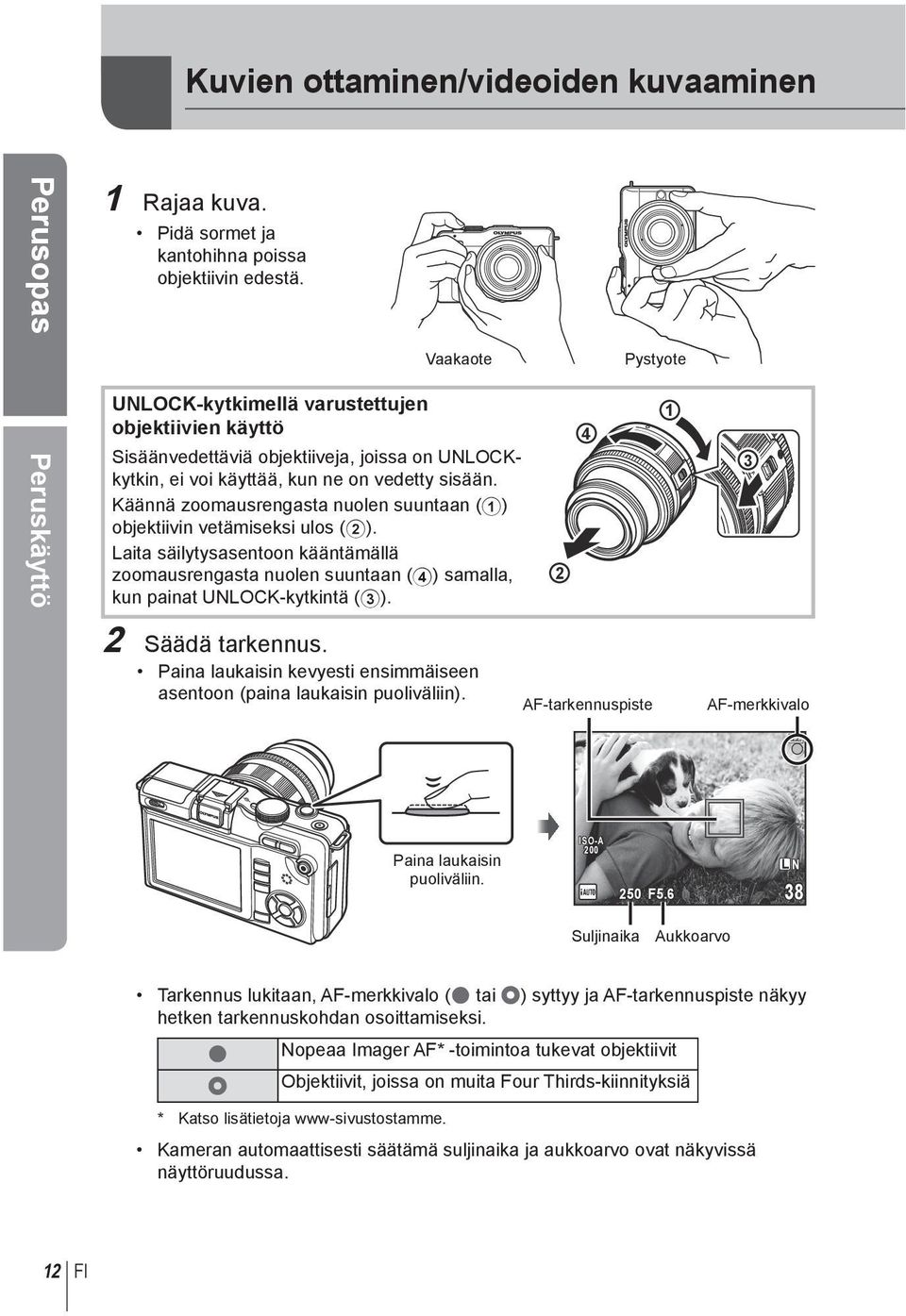 Käännä zoomausrengasta nuolen suuntaan (1) objektiivin vetämiseksi ulos (2). Laita säilytysasentoon kääntämällä zoomausrengasta nuolen suuntaan (4) samalla, kun painat UNLOCK-kytkintä (3).