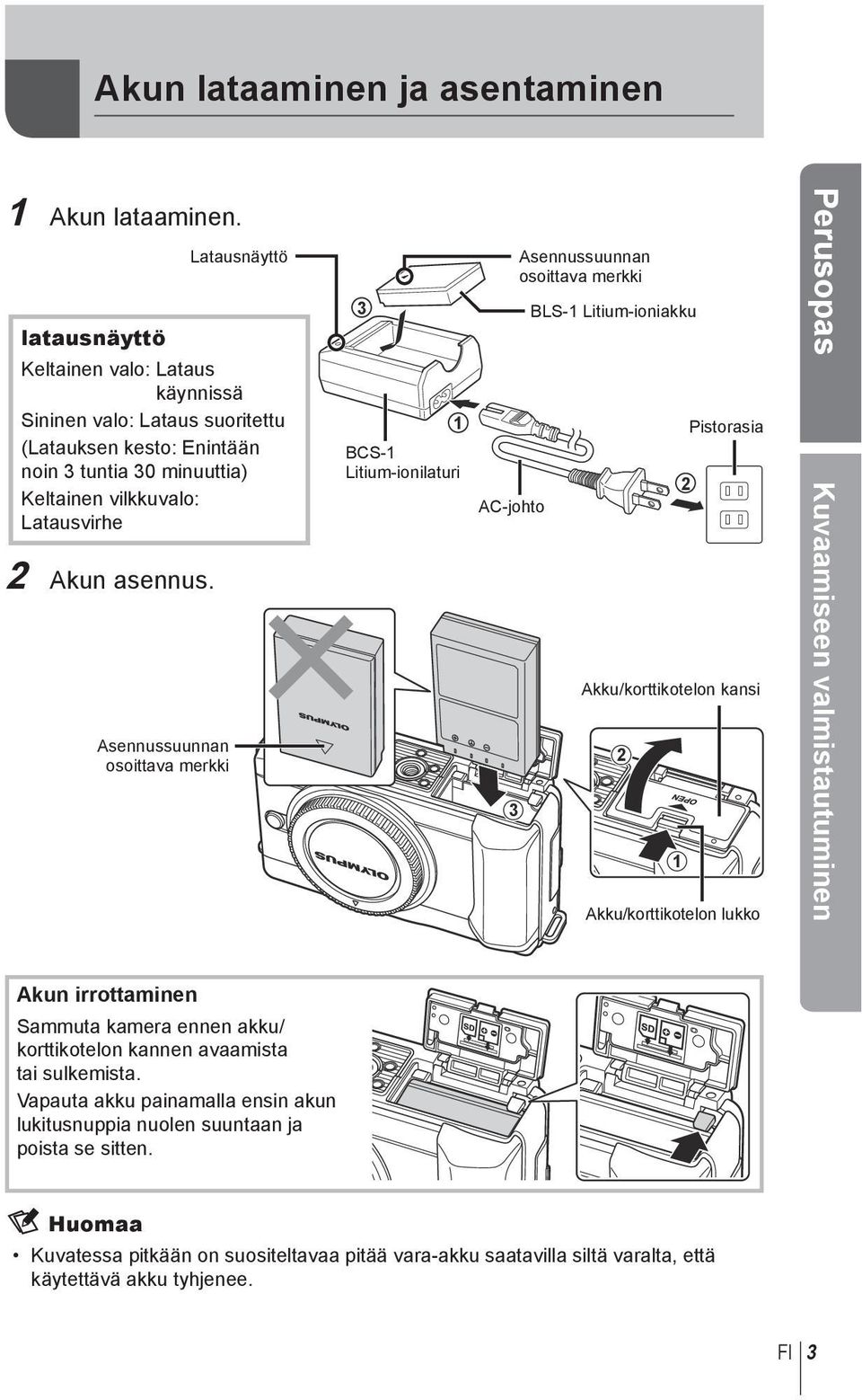 tuntia 30 minuuttia) Keltainen vilkkuvalo: Latausvirhe 2 Akun asennus.