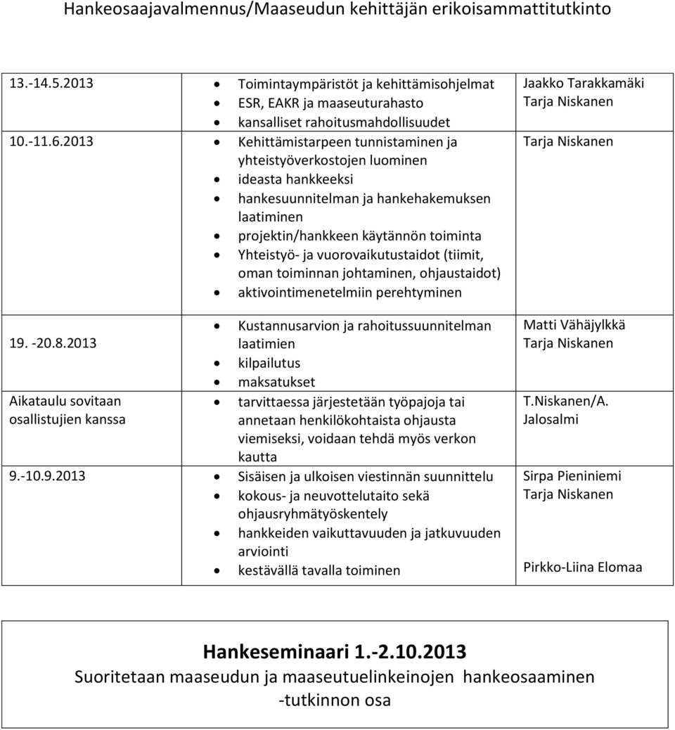 vuorovaikutustaidot (tiimit, oman toiminnan johtaminen, ohjaustaidot) aktivointimenetelmiin perehtyminen Kustannusarvion ja rahoitussuunnitelman 19. -20.8.