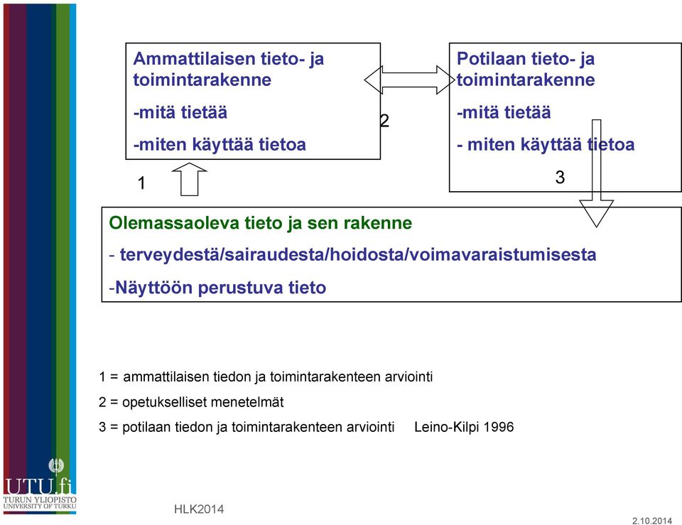 terveydestä/sairaudesta/hoidosta/voimavaraistumisesta - Näyttöön perustuva tieto 1 = ammattilaisen tiedon ja