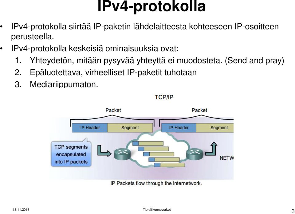 IPv4-protokolla keskeisiä ominaisuuksia ovat: 1.