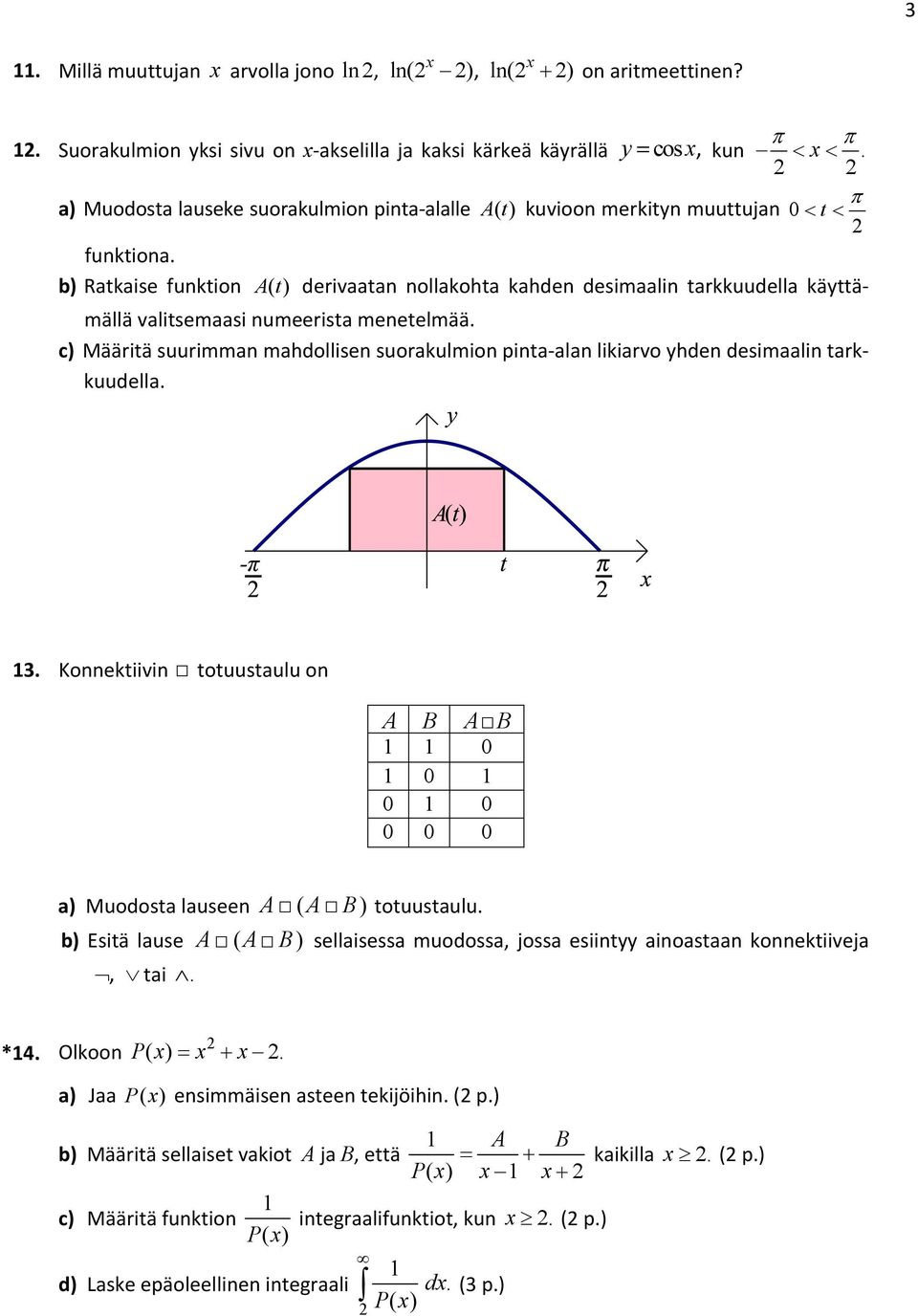 Suorakulmion yksi sivu on x akselilla ja kaksi kärkeä käyrällä y cos x, kun x. 12.