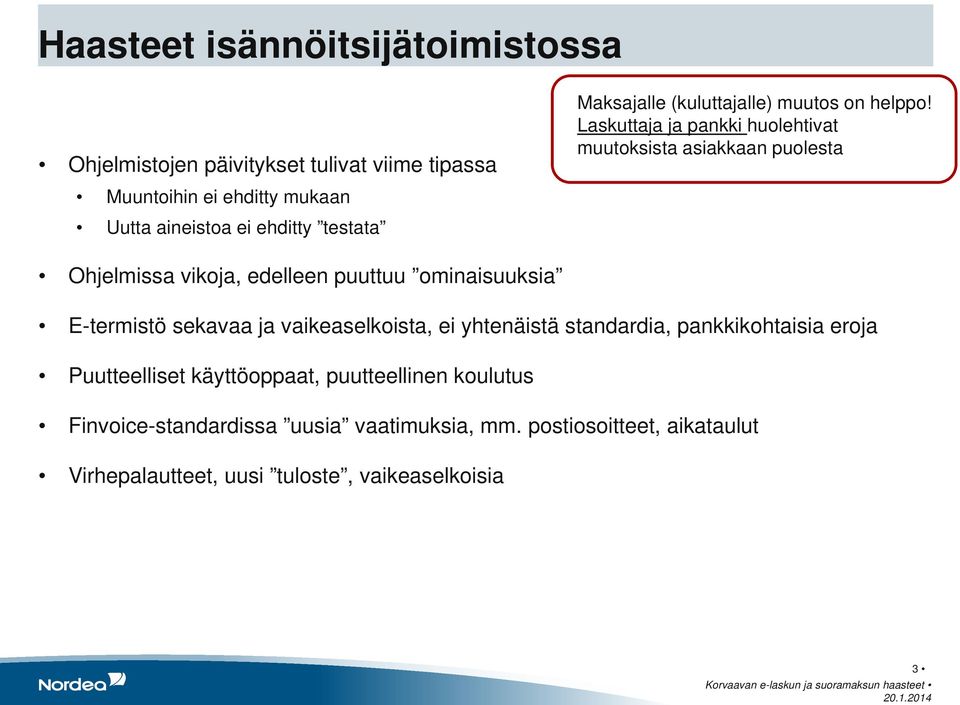 Laskuttaja ja pankki huolehtivat muutoksista asiakkaan puolesta Ohjelmissa vikoja, edelleen puuttuu ominaisuuksia E-termistö sekavaa ja