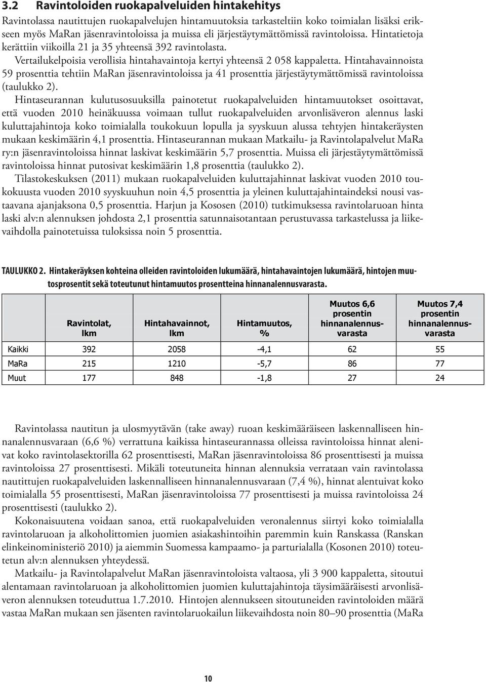 Hintahavainnoista 59 prosenttia tehtiin MaRan jäsenravintoloissa ja 41 prosenttia järjestäytymättömissä ravintoloissa (taulukko 2).