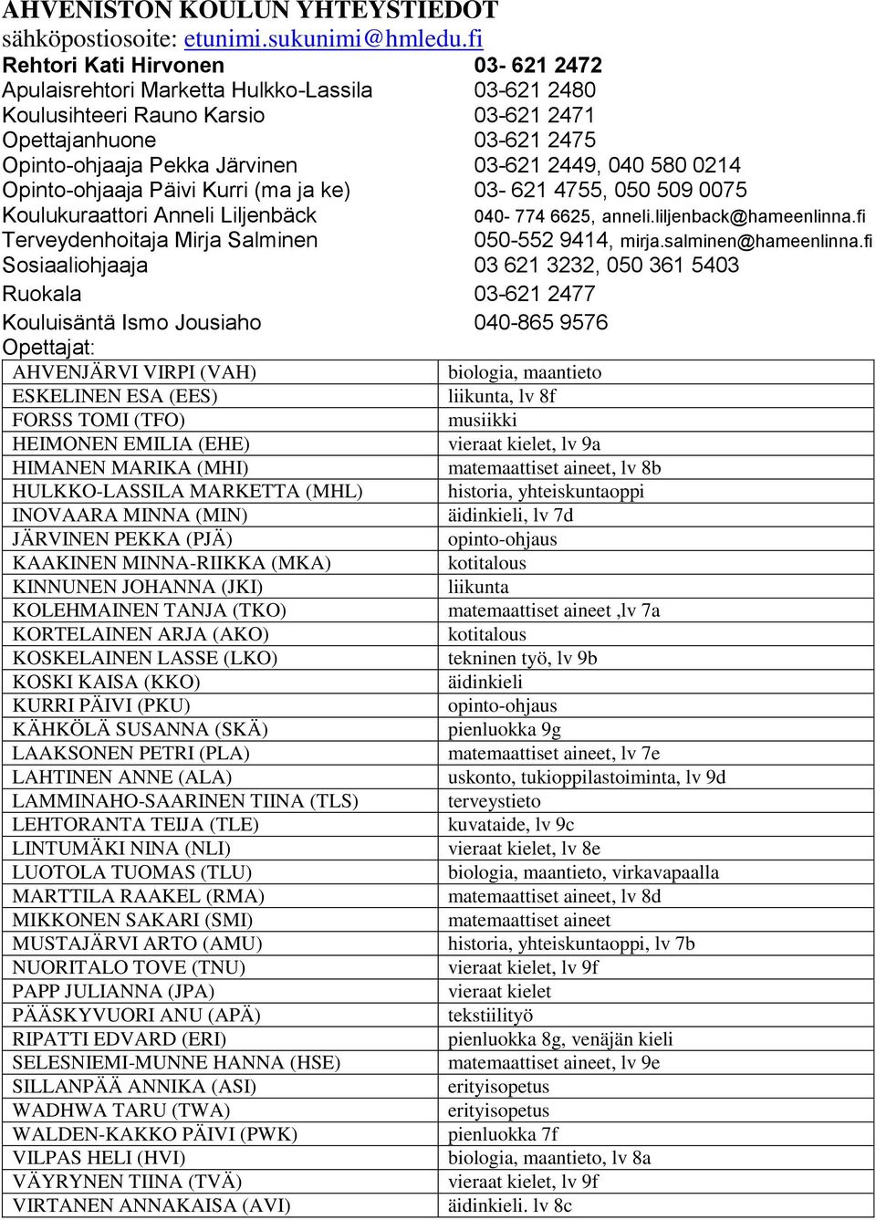 040 580 0214 Opinto-ohjaaja Päivi Kurri (ma ja ke) 03-621 4755, 050 509 0075 Koulukuraattori Anneli Liljenbäck 040-774 6625, anneli.liljenback@hameenlinna.