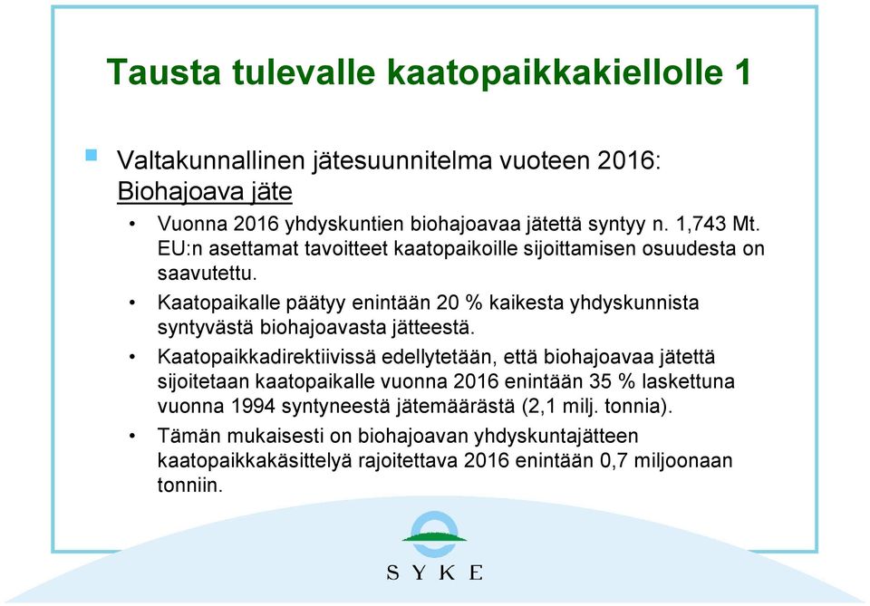 Kaatopaikalle päätyy enintään 20 % kaikesta yhdyskunnista syntyvästä biohajoavasta jätteestä.