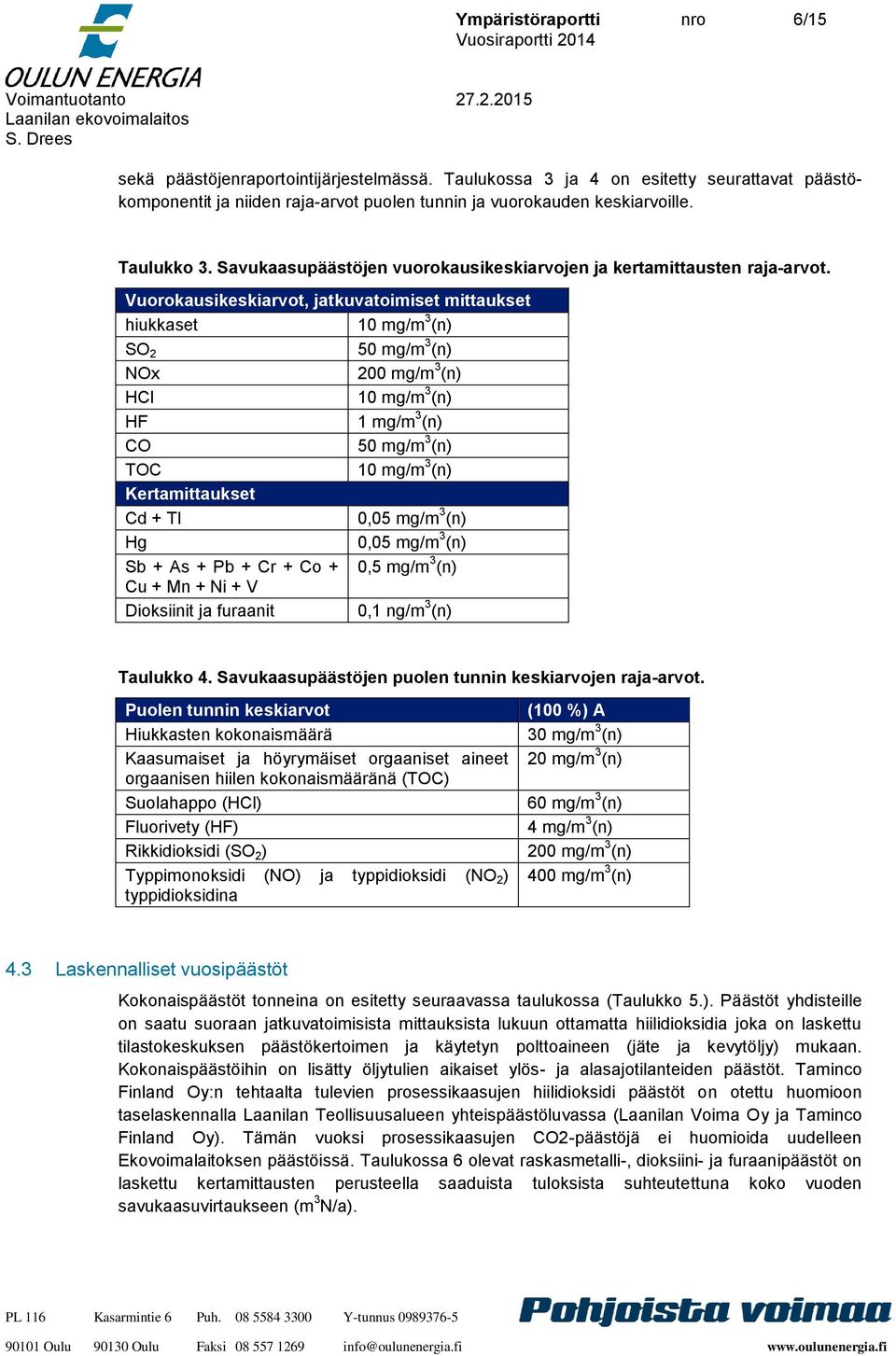 Vuorokausikeskiarvot, jatkuvatoimiset mittaukset hiukkaset 10 mg/m 3 (n) SO 2 50 mg/m 3 (n) NOx 200 mg/m 3 (n) HCl 10 mg/m 3 (n) HF 1 mg/m 3 (n) CO 50 mg/m 3 (n) TOC 10 mg/m 3 (n) Kertamittaukset Cd