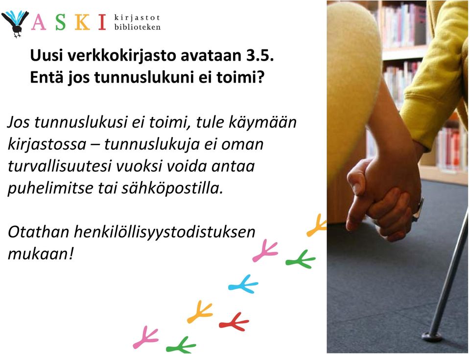 Jos tunnuslukusi ei toimi, tule käymään kirjastossa