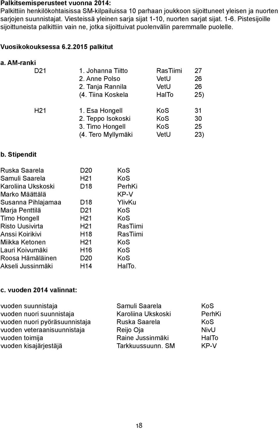 2015 palkitut a. AM-ranki D21 1. Johanna Tiitto RasTiimi 27 2. Anne Polso VetU 26 2. Tanja Rannila VetU 26 (4. Tiina Koskela HalTo 25) H21 1. Esa Hongell KoS 31 2. Teppo Isokoski KoS 30 3.