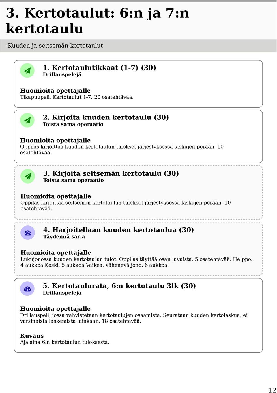 Kirjoita seitsemän kertotaulu (30) Toista sama operaatio Oppilas kirjoittaa seitsemän kertotaulun tulokset järjestyksessä laskujen perään. 10 osatehtävää. 4.