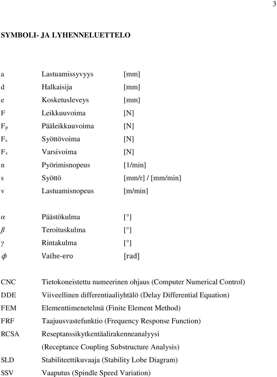 Tietokoneistettu numeerinen ohjaus (Computer Numerical Control) Viiveellinen differentiaaliyhtälö (Delay Differential Equation) Elementtimenetelmä (Finite Element Method)