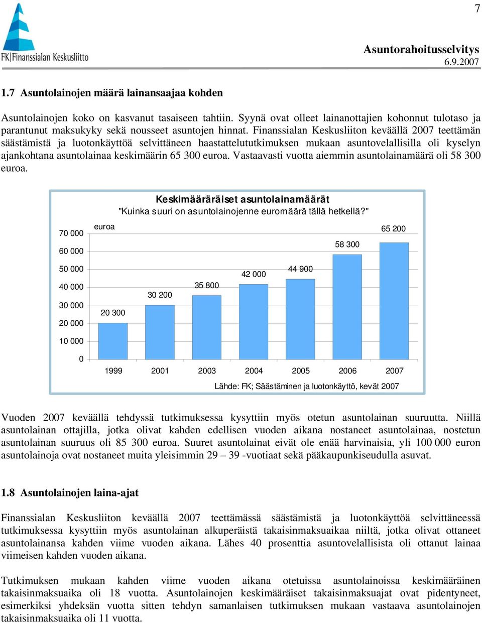 Finanssialan Keskusliiton keväällä 27 teettämän säästämistä ja luotonkäyttöä selvittäneen haastattelututkimuksen mukaan asuntovelallisilla oli kyselyn ajankohtana asuntolainaa keskimäärin 65 3 euroa.