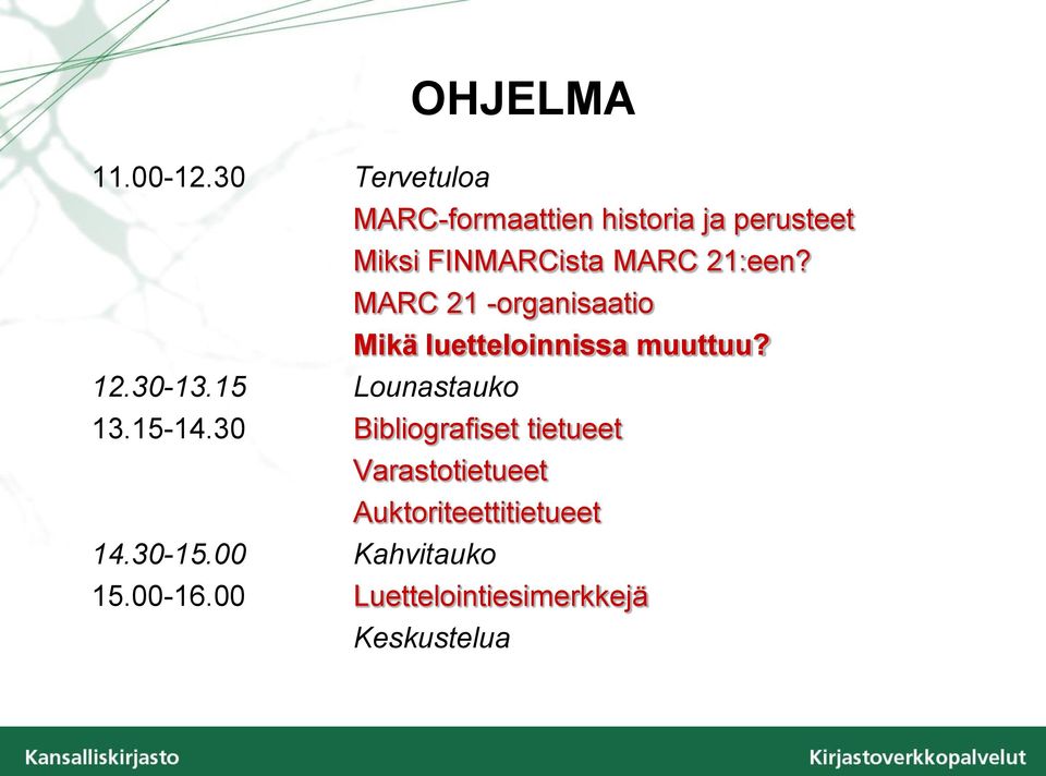 21:een? MARC 21 -organisaatio Mikä luetteloinnissa muuttuu? 12.30-13.