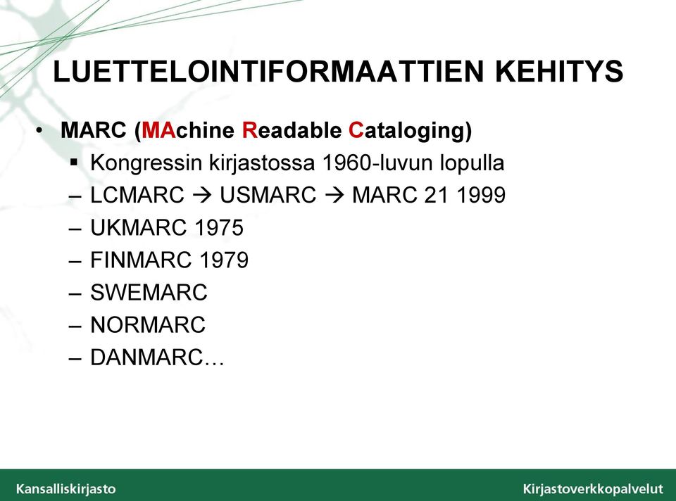 1960-luvun lopulla LCMARC USMARC MARC 21 1999