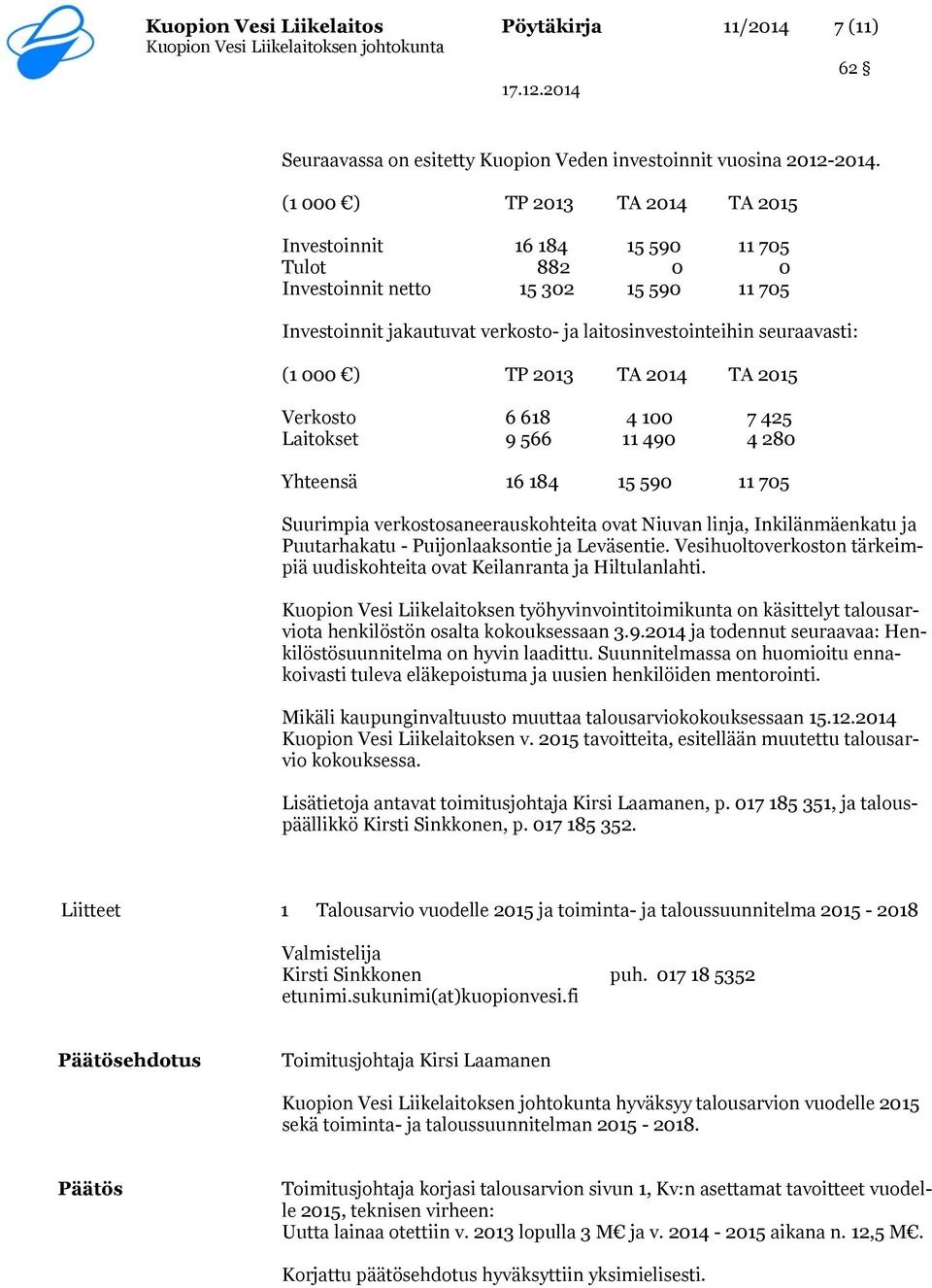 ) TP 2013 TA 2014 TA 2015 Verkosto 6 618 4 100 7 425 Laitokset 9 566 11 490 4 280 Yhteensä 16 184 15 590 11 705 Suurimpia verkostosaneerauskohteita ovat Niuvan linja, Inkilänmäenkatu ja Puutarhakatu