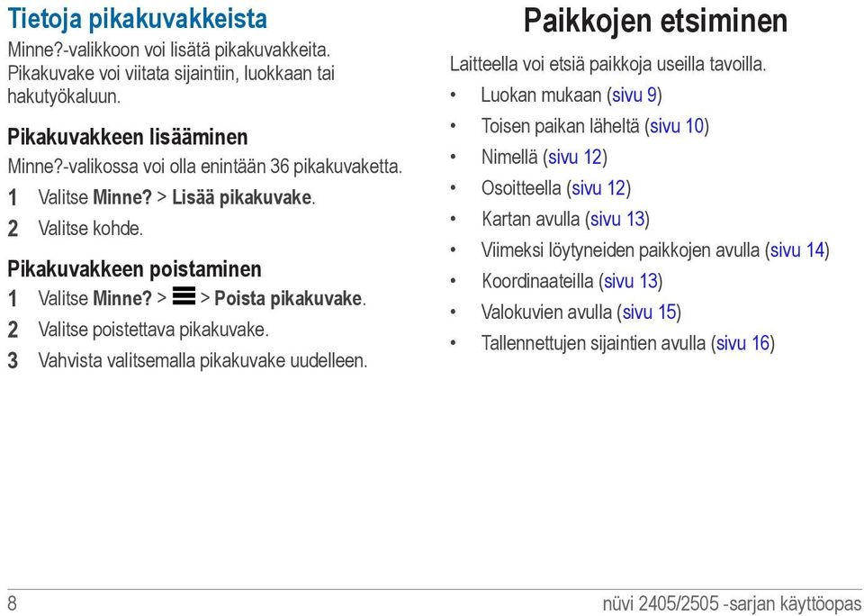 2 Valitse poistettava pikakuvake. 3 Vahvista valitsemalla pikakuvake uudelleen. Paikkojen etsiminen Laitteella voi etsiä paikkoja useilla tavoilla.