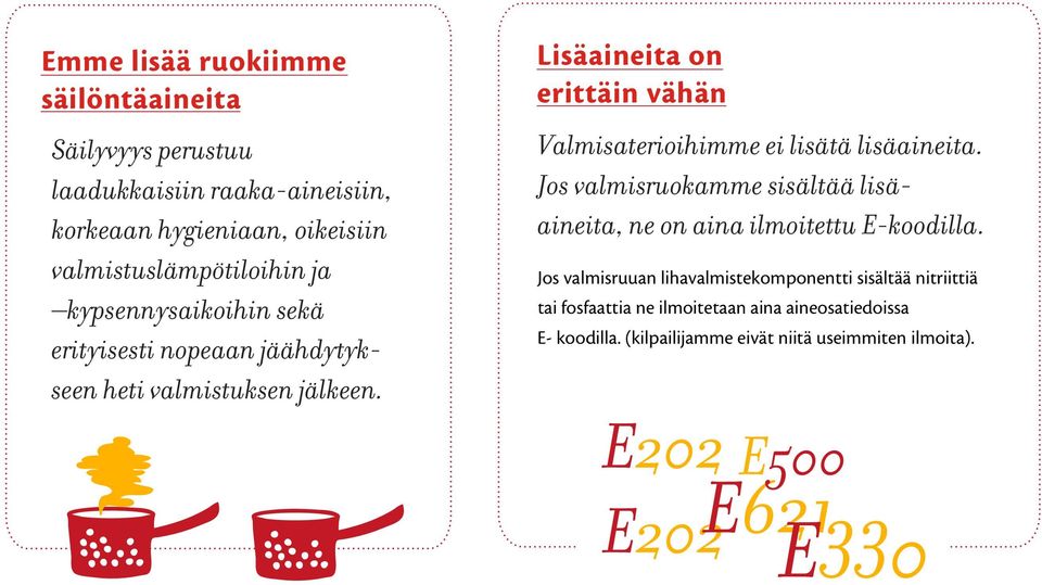 Lisäaineita on erittäin vähän Valmisaterioihimme ei lisätä lisäaineita.