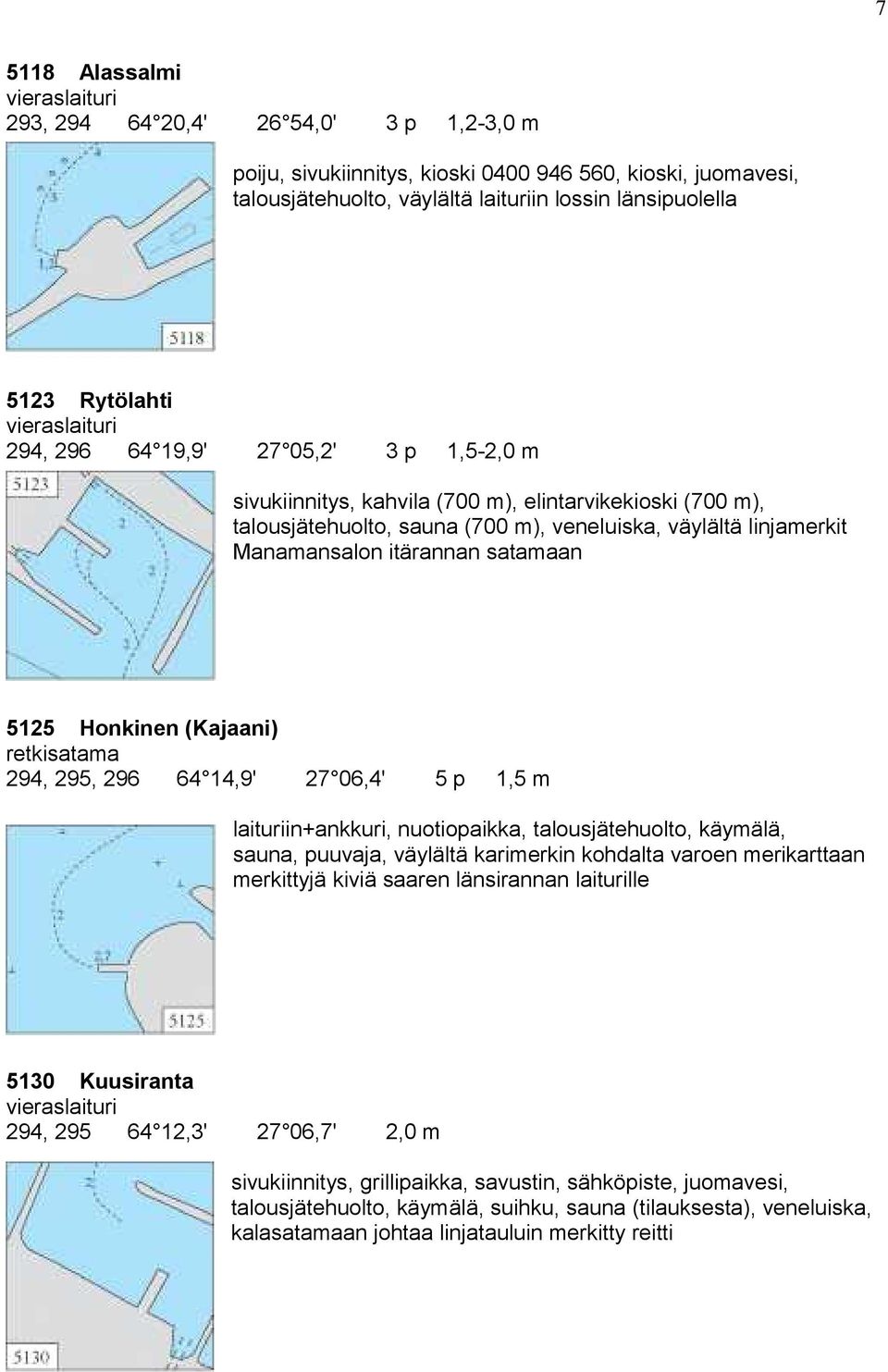 Honkinen (Kajaani) 294, 295, 296 64 14,9' 27 06,4' 5 p 1,5 m laituriin+ankkuri, nuotiopaikka, talousjätehuolto, käymälä, sauna, puuvaja, väylältä karimerkin kohdalta varoen merikarttaan merkittyjä