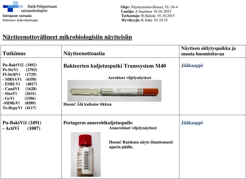 kuljetusputki Transsystem M40 Aerobiset viljelynäytteet Huom!