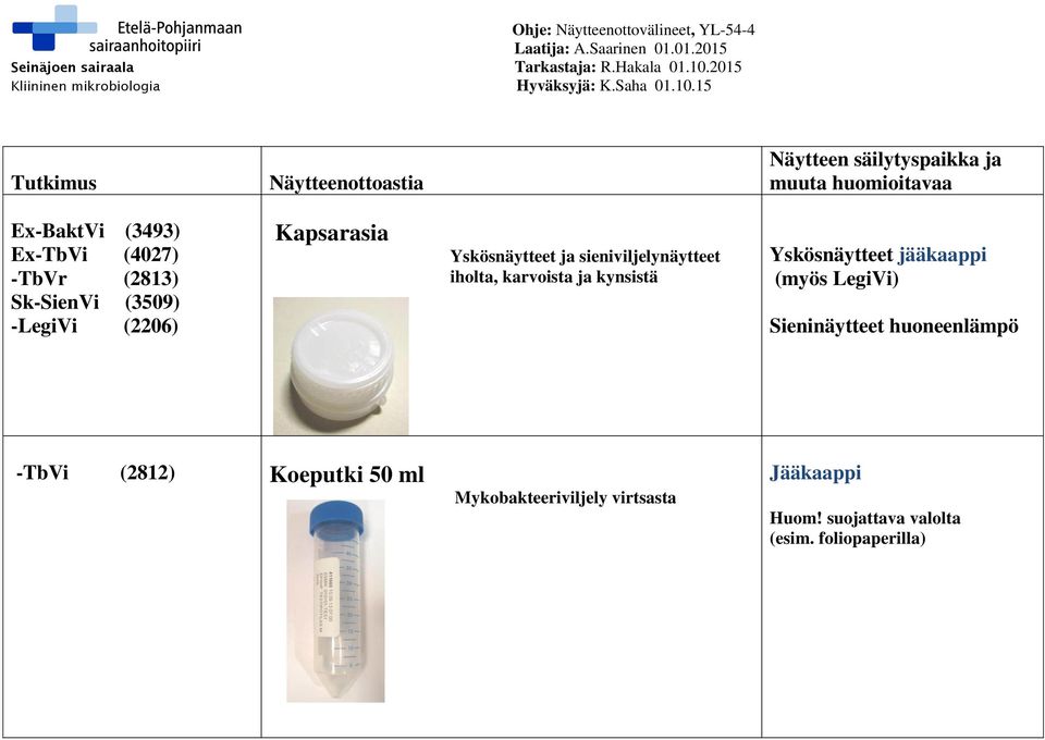 Yskösnäytteet jääkaappi (myös LegiVi) Sieninäytteet huoneenlämpö -TbVi (2812)