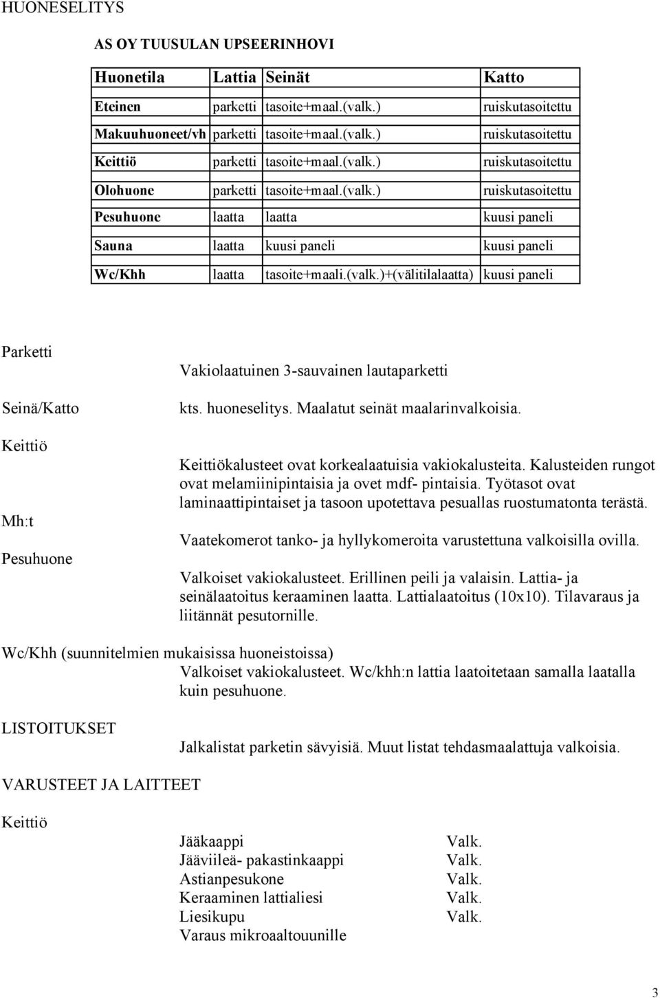 huoneselitys. Maalatut seinät maalarinvalkoisia. kalusteet ovat korkealaatuisia vakiokalusteita. Kalusteiden rungot ovat melamiinipintaisia ja ovet mdf- pintaisia.