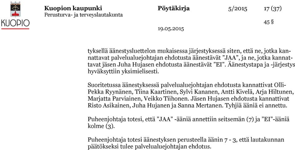 Suoritetussa äänestyksessä palvelualuejohtajan ehdotusta kannattivat Olli- Pekka Ryynänen, Tiina Kaartinen, Sylvi Kananen, Antti Kivelä, Arja Hiltunen, Marjatta Parviainen, Veikko Tiihonen.