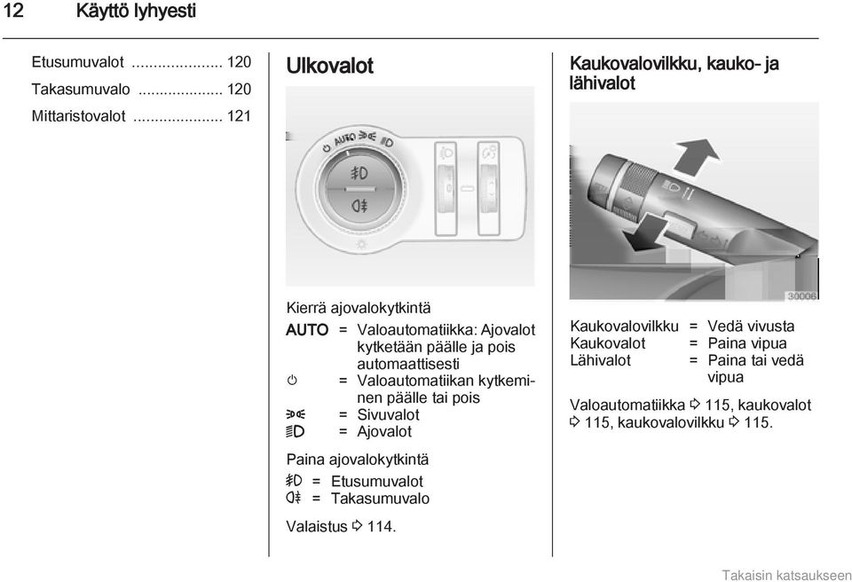 pois automaattisesti m = Valoautomatiikan kytkeminen päälle tai pois 8 = Sivuvalot 9 = Ajovalot Paina ajovalokytkintä > =