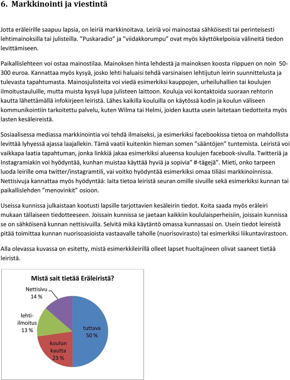 Mainoksen hinta lehdestä ja mainoksen koosta riippuen on noin 50-300 euroa. Kannattaa myös kysyä, josko lehti haluaisi tehdä varsinaisen lehtijutun leirin suunnittelusta ja tulevasta tapahtumasta.