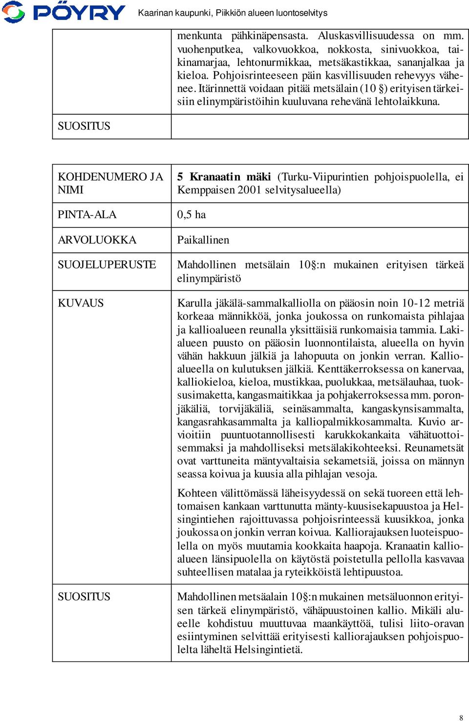 5 Kranaatin mäki (Turku-Viipurintien pohjoispuolella, ei Kemppaisen 2001 selvitysalueella) 0,5 ha Mahdollinen metsälain 10 :n mukainen erityisen tärkeä elinympäristö Karulla jäkälä-sammalkalliolla on