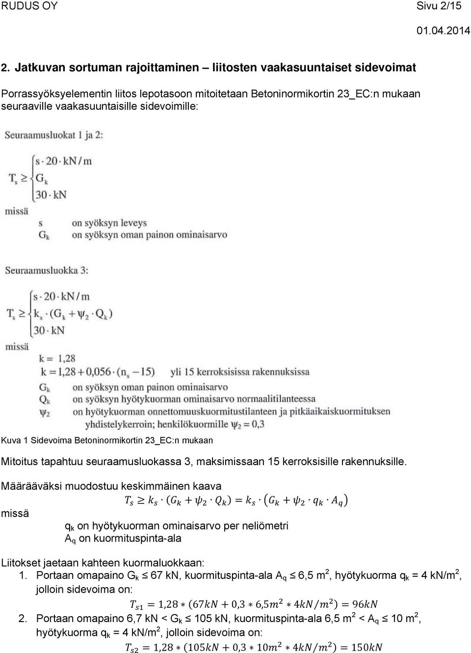 Kuva 1 Sidevoima Betoninormikortin 23_EC:n mukaan Mitoitus tapahtuu seuraamusluokassa 3, maksimissaan 15 kerroksisille rakennuksille.