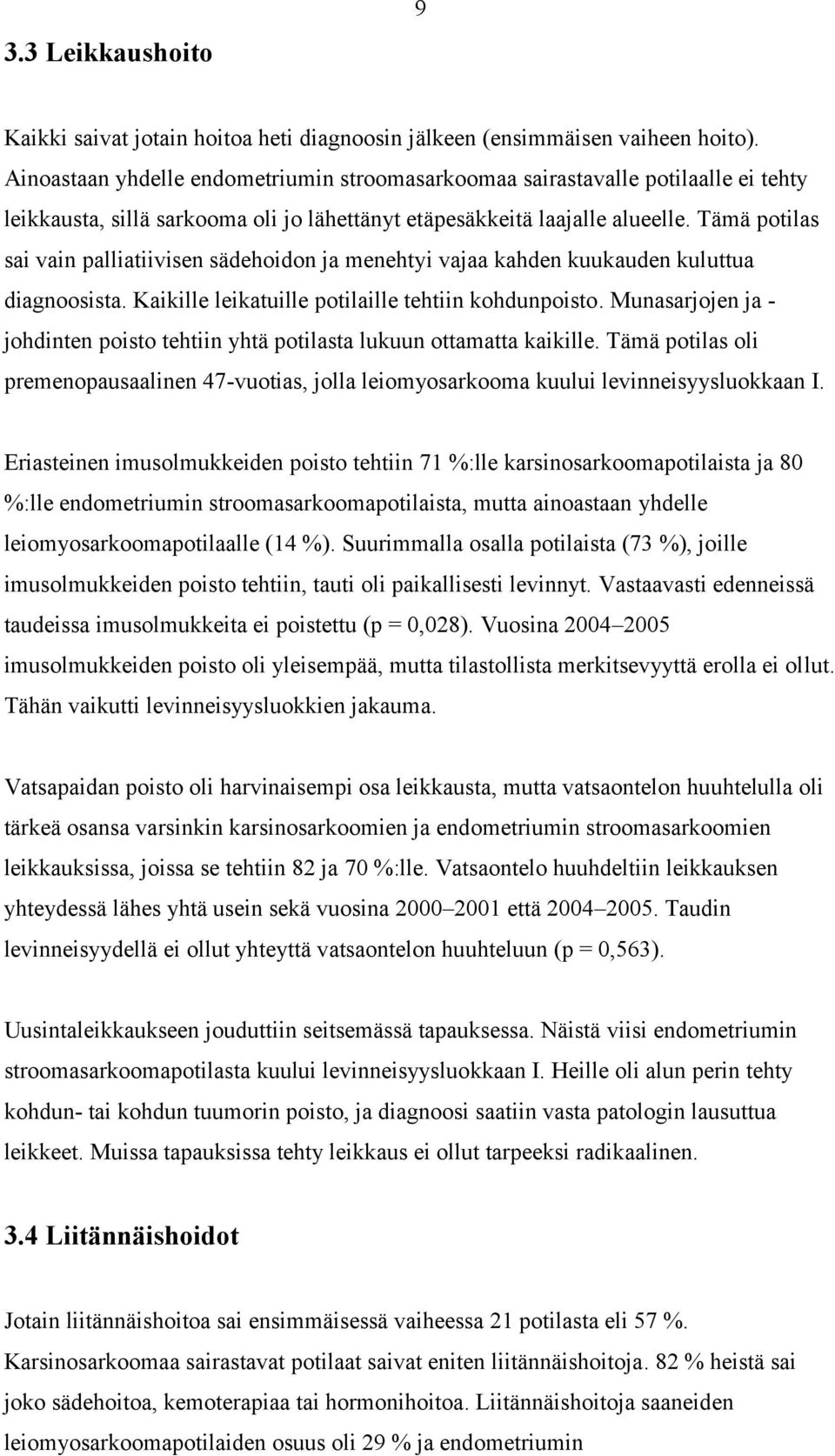 Tämä potilas sai vain palliatiivisen sädehoidon ja menehtyi vajaa kahden kuukauden kuluttua diagnoosista. Kaikille leikatuille potilaille tehtiin kohdunpoisto.