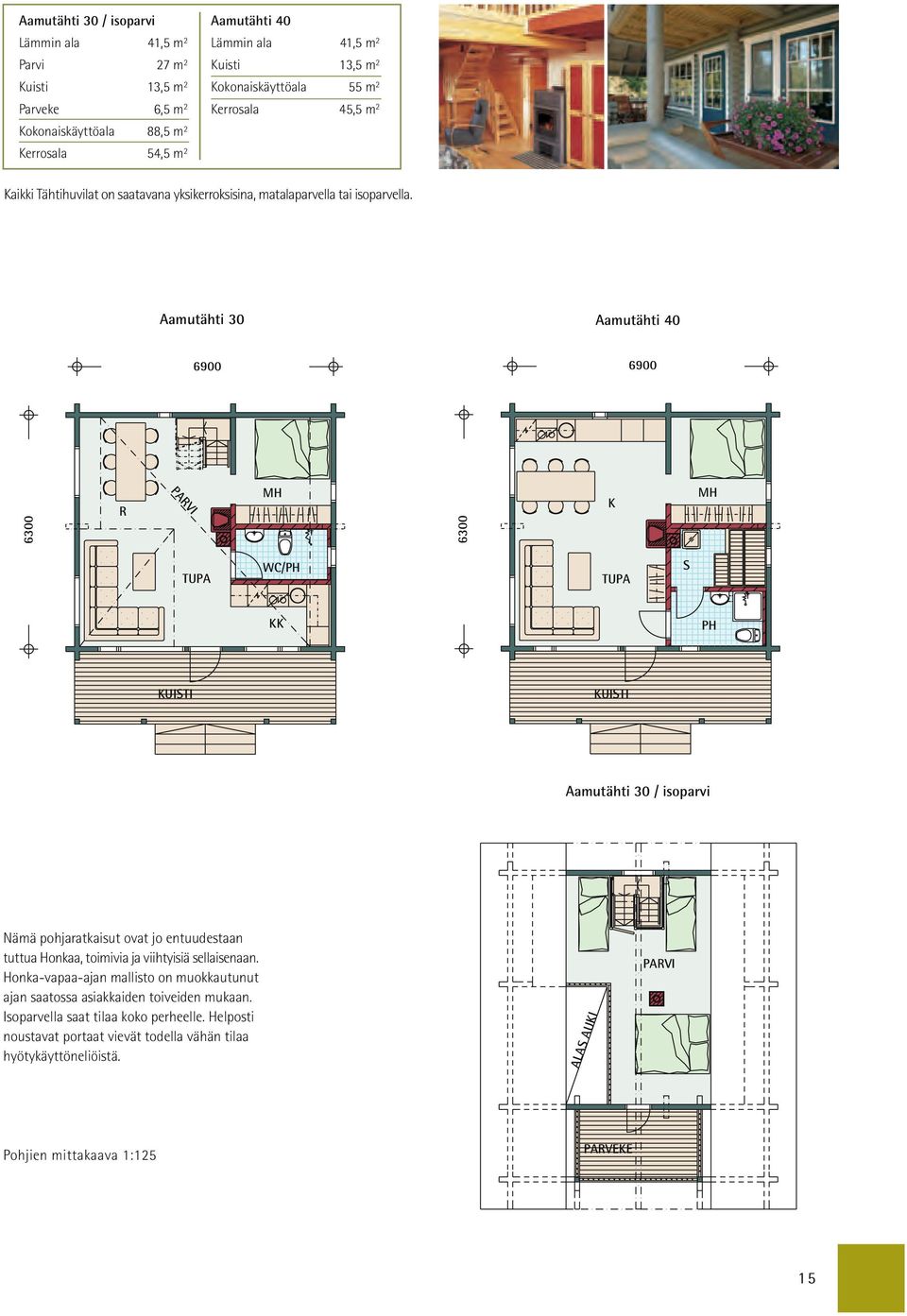 Aamutähti 30 Aamutähti 40 6900 6900 6300 R MH 6300 K MH TUPA WC/PH TUPA S KK PH KUISTI KUISTI Aamutähti 30 / isoparvi Nämä pohjaratkaisut ovat jo entuudestaan tuttua Honkaa, toimivia ja