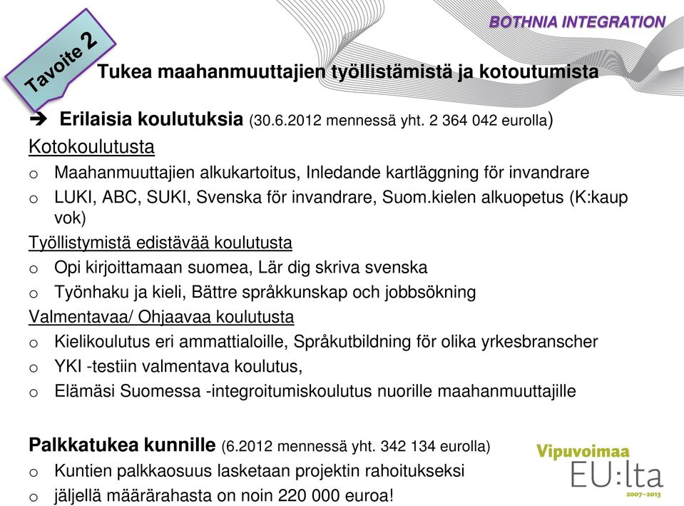 kielen alkuopetus (K:kaup vok) Työllistymistä edistävää koulutusta o Opi kirjoittamaan suomea, Lär dig skriva svenska o Työnhaku ja kieli, Bättre språkkunskap och jobbsökning Valmentavaa/ Ohjaavaa