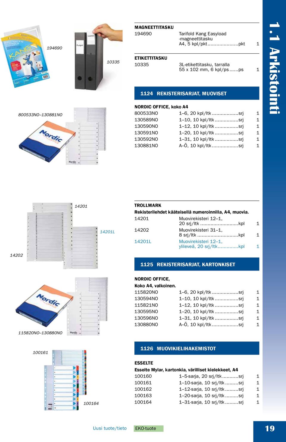 ..srj 1 130592NO 1 31, 10 kpl/ltk...srj 1 130881NO A Ö, 10 kpl/ltk...srj 1 1.1 Arkistointi 14201 14201L TROLLMARK Rekisterilehdet kääteisellä numeroinnilla, A4, muovia.