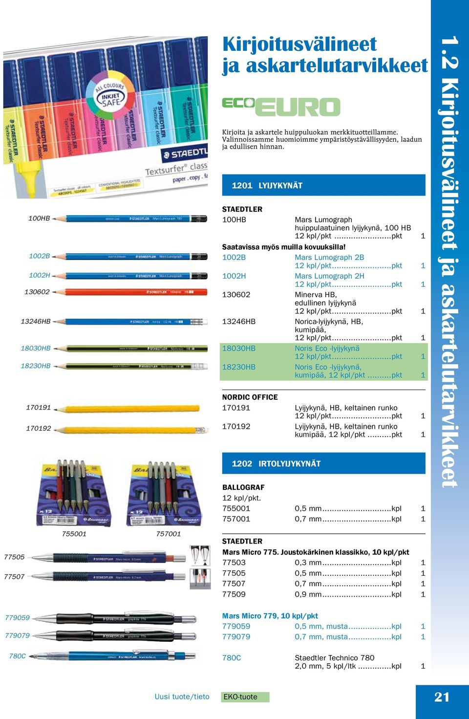 ..pkt 1 Saatavissa myös muilla kovuuksilla! 1002B Mars Lumograph 2B 12 kpl/pkt...pkt 1 1002H Mars Lumograph 2H 12 kpl/pkt...pkt 1 130602 Minerva HB, edullinen lyijykynä 12 kpl/pkt.