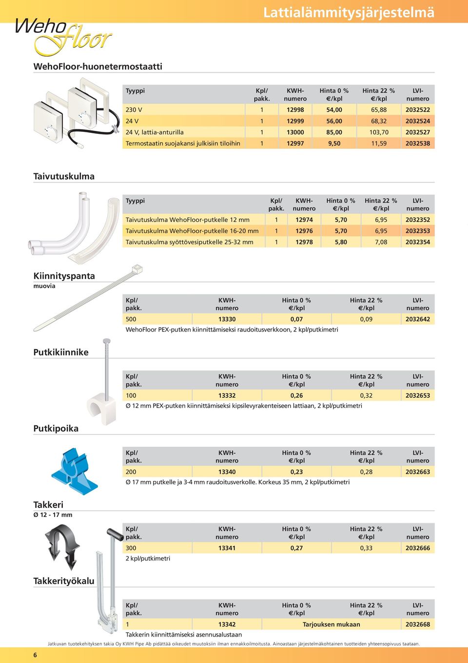 25-32 mm 1 12978 5,80 7,08 2032354 Kiinnityspanta muovia 500 13330 0,07 0,09 2032642 WehoFloor PEX-putken kiinnittämiseksi raudoitusverkkoon, 2 kpl/putkimetri Putkikiinnike 100 13332 0,26 0,32