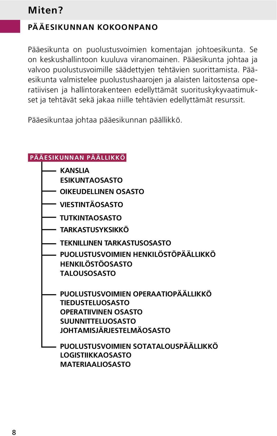 Pääesikunta valmistelee puolustushaarojen ja alaisten laitostensa operatiivisen ja hallintorakenteen edellyttämät suorituskykyvaatimukset ja tehtävät sekä jakaa niille tehtävien edellyttämät